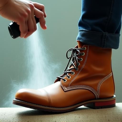 Eco-friendly shoe protector misting over a boot