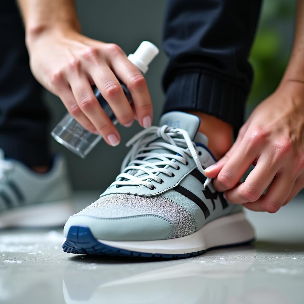 Applying herbal cleaner to a premium sneaker